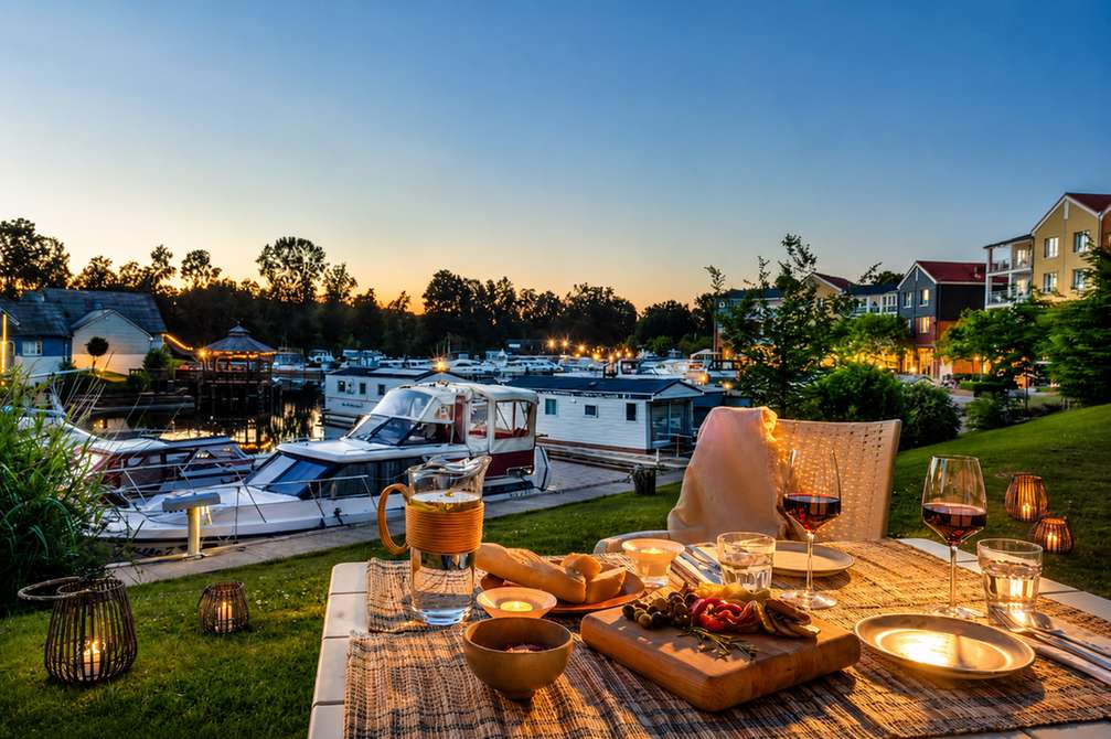 Evening dining setup overlooking the marina